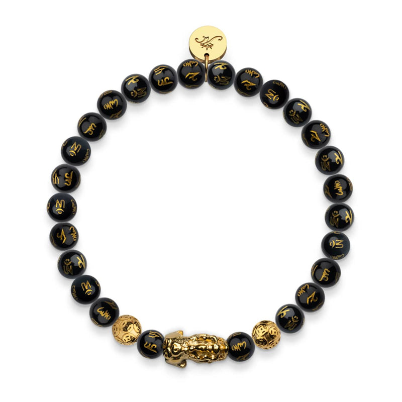 Bracelet Mini Pixiu Feng Shui | Élément CARBONE | Agate noire x or 18 carats