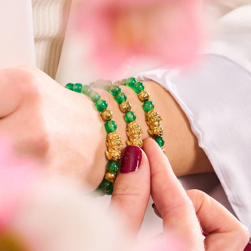 Mini Pixiu Feng Shui Bracelet | EARTH Element | Green Agate x 18k Gold