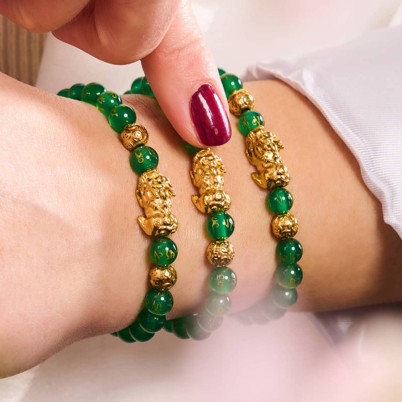 Bracelet Mini Pixiu Feng Shui | Élément TERRE | Agate verte x or 18 carats