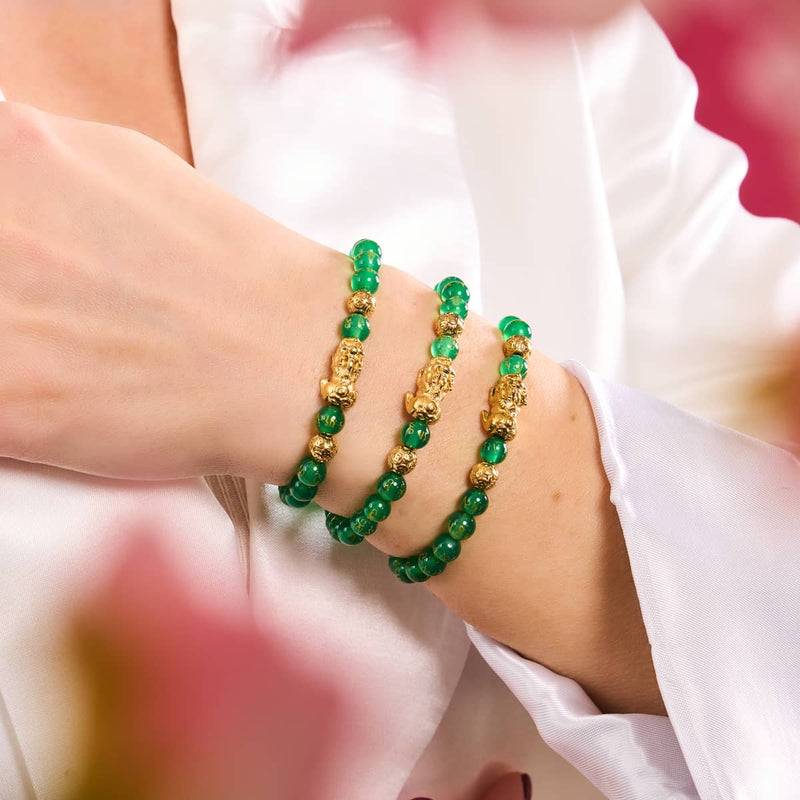Bracelet Mini Pixiu Feng Shui | Élément TERRE | Agate verte x or 18 carats