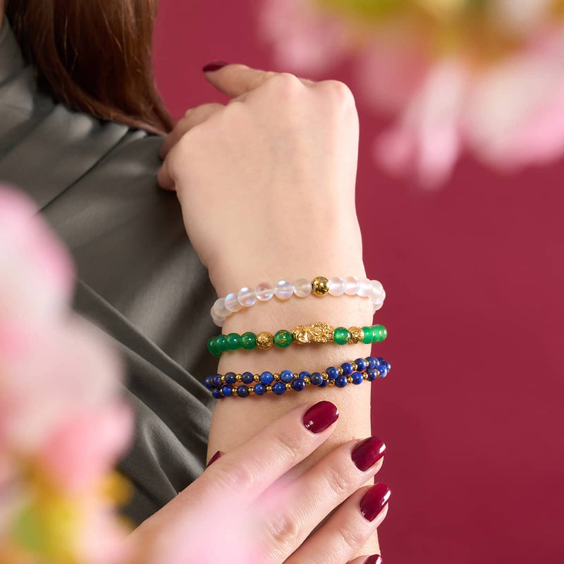 Bracelet Mini Pixiu Feng Shui | Élément TERRE | Agate verte x or 18 carats