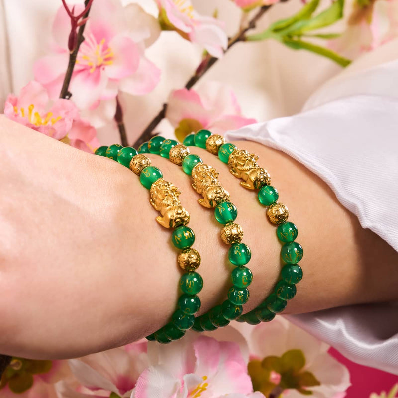 Bracelet Mini Pixiu Feng Shui | Élément TERRE | Agate verte x or 18 carats