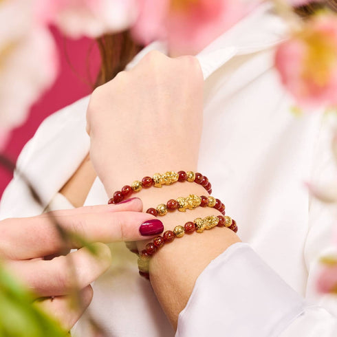 Bracelet Mini Pixiu Feng Shui | Élément FEU | Agate rouge x or 18 carats