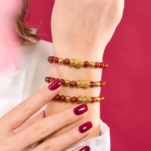 Bracelet Mini Pixiu Feng Shui | Élément FEU | Agate rouge x or 18 carats