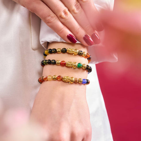 Mini Pixiu Feng Shui Bracelet | FIVE Elements | Chakra Agate x 18k Gold