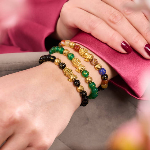 Mini Pixiu Feng Shui Bracelet | FIVE Elements | Chakra Agate x 18k Gold