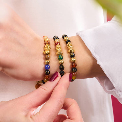 Mini Pixiu Feng Shui Bracelet | FIVE Elements | Chakra Agate x 18k Gold