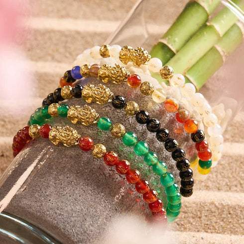 Bracelet Mini Pixiu Feng Shui | Élément OR | Agate blanche x or 18 carats