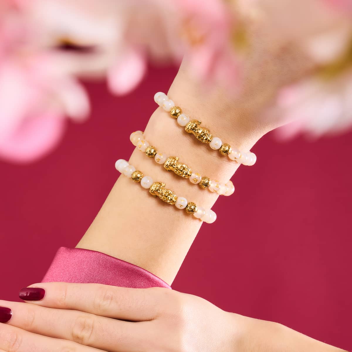 Bracelet Mini Pixiu Feng Shui | Élément OR | Agate blanche x or 18 carats