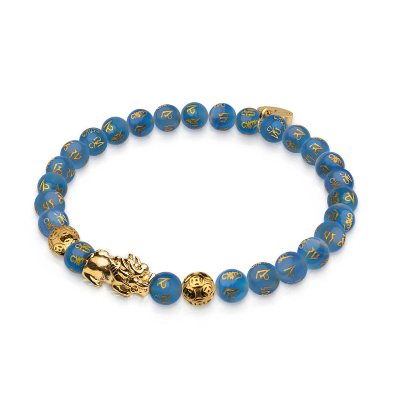 Bracelet Mini Pixiu Feng Shui | Élément EAU | Agate bleue x or 18 carats