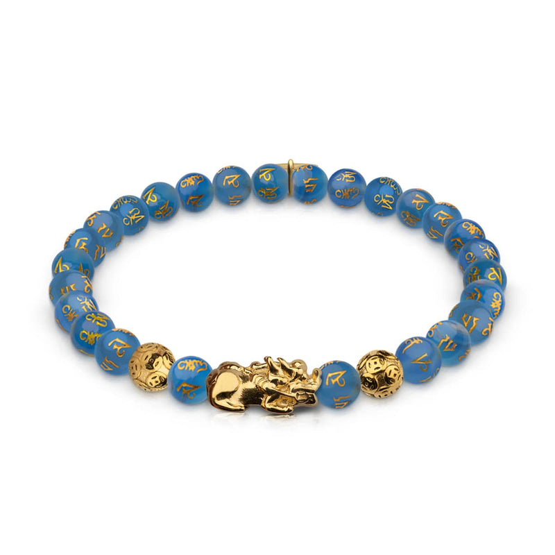Bracelet Mini Pixiu Feng Shui | Élément EAU | Agate bleue x or 18 carats