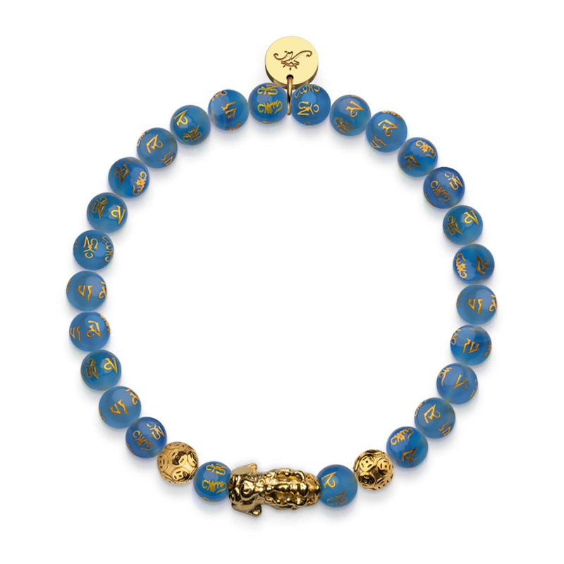 Bracelet Mini Pixiu Feng Shui | Élément EAU | Agate bleue x or 18 carats