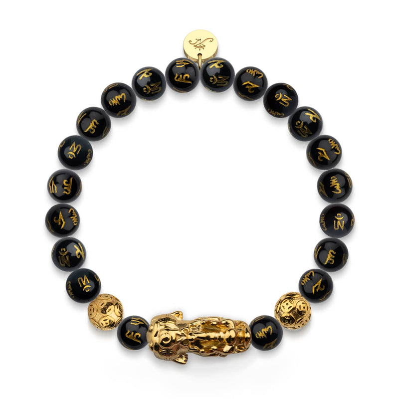 Bracelet Pixiu Feng Shui | Élément CARBONE | Agate noire x or 18 carats