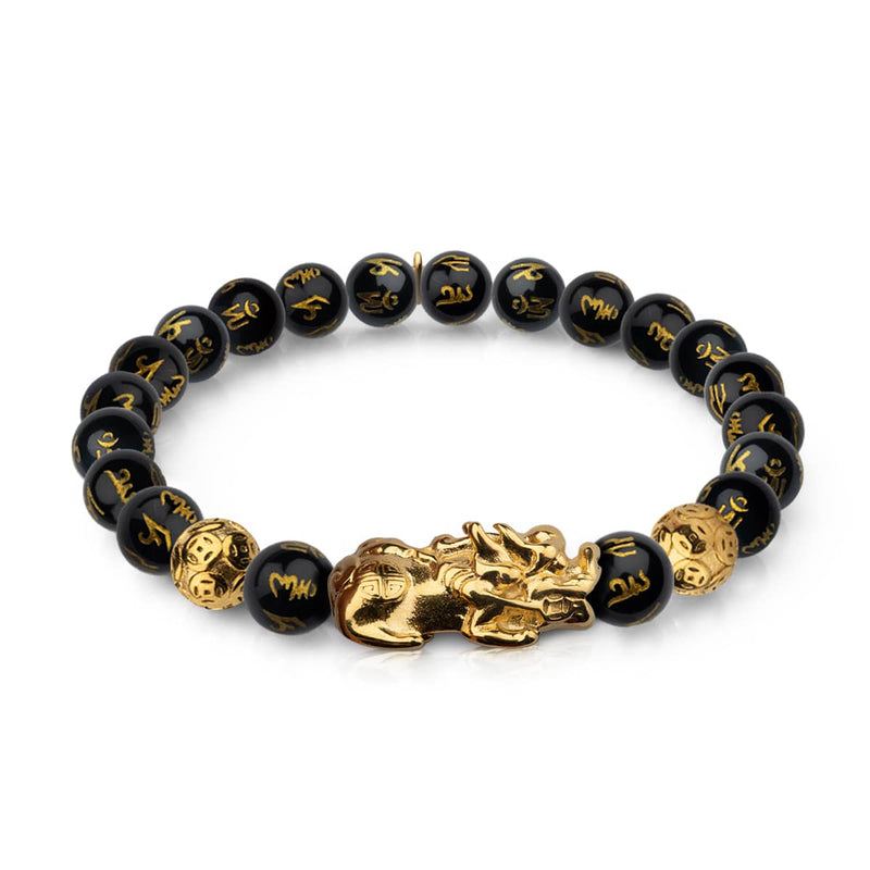 Bracelet Pixiu Feng Shui | Élément CARBONE | Agate noire x or 18 carats