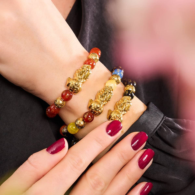 Bracelet Pixiu Feng Shui | Élément CARBONE | Agate noire x or 18 carats