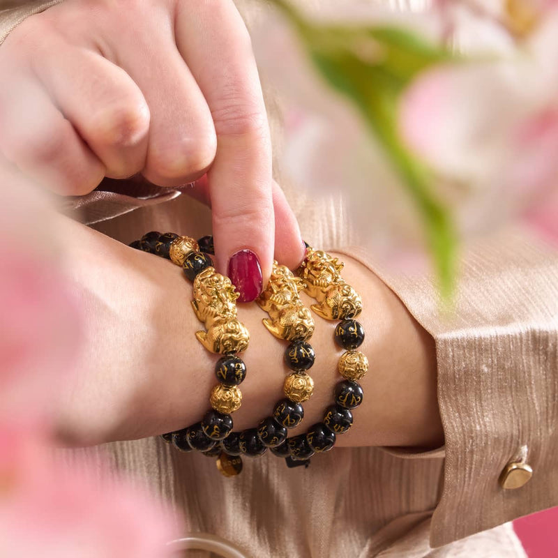 Bracelet Pixiu Feng Shui | Élément CARBONE | Agate noire x or 18 carats