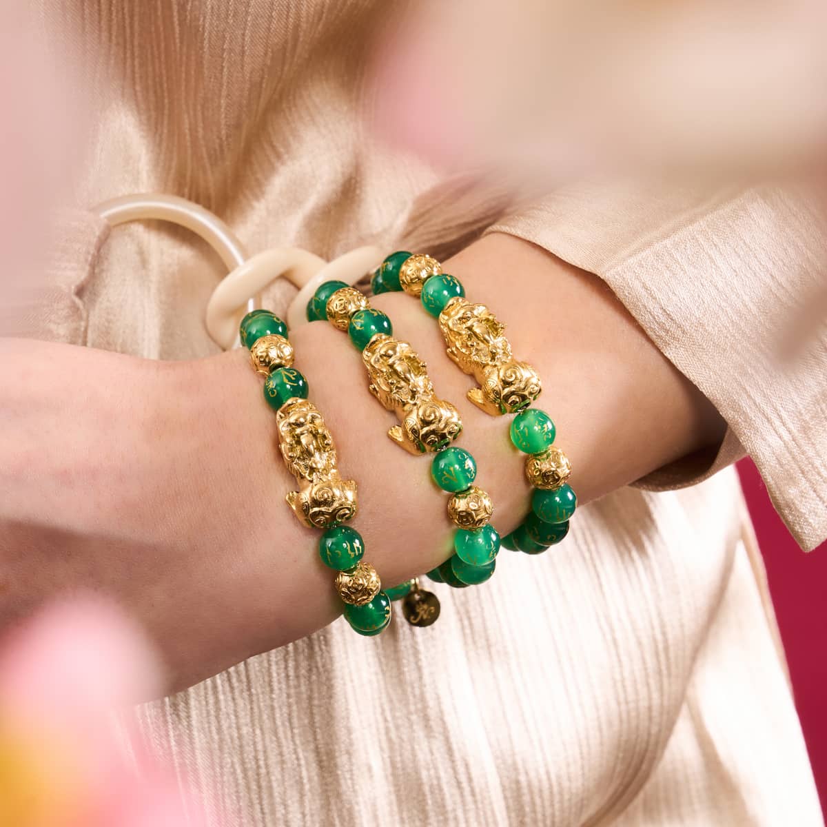 Bracelet Pixiu Feng Shui | Élément TERRE | Agate verte x or 18 carats