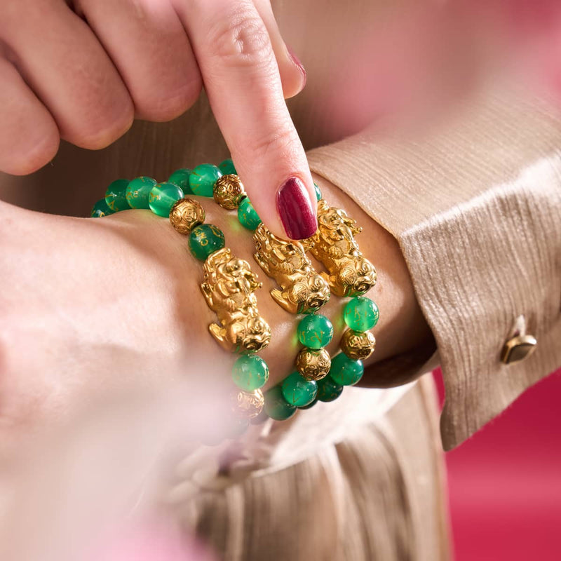 Bracelet Pixiu Feng Shui | Élément TERRE | Agate verte x or 18 carats