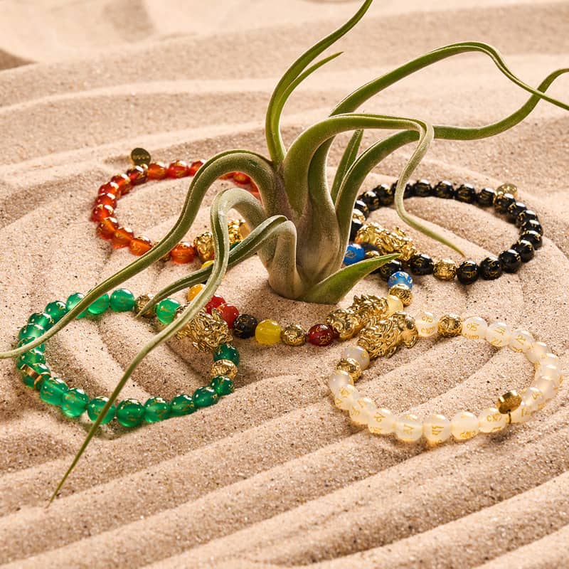 Bracelet Pixiu Feng Shui | Élément TERRE | Agate verte x or 18 carats