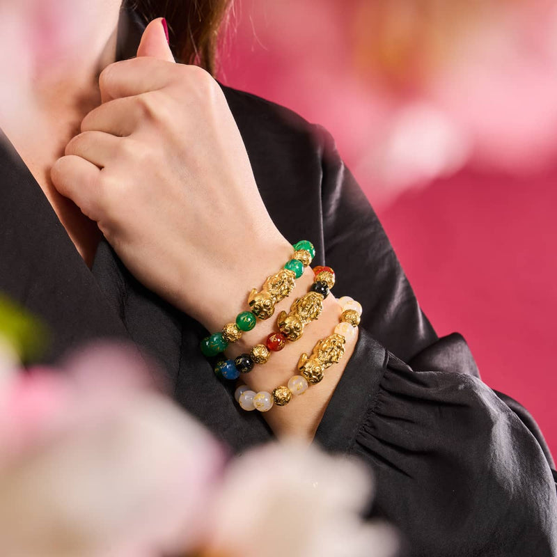 Bracelet Pixiu Feng Shui | Élément TERRE | Agate verte x or 18 carats