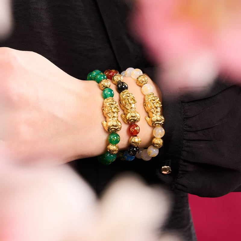 Bracelet Pixiu Feng Shui | Élément TERRE | Agate verte x or 18 carats