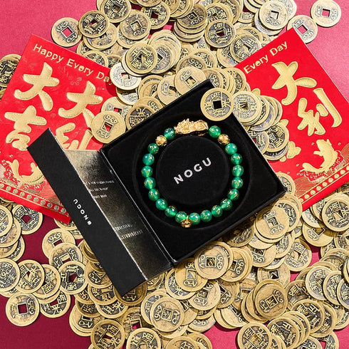 Bracelet Pixiu Feng Shui | Élément TERRE | Agate verte x or 18 carats