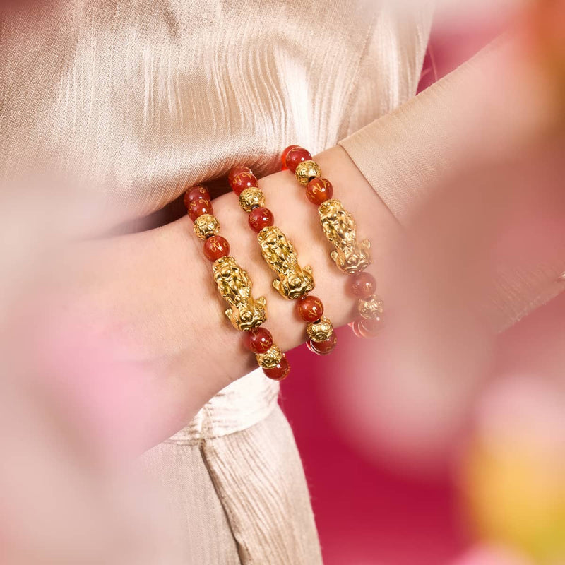 Bracelet Pixiu Feng Shui | Élément FEU | Agate rouge x or 18 carats