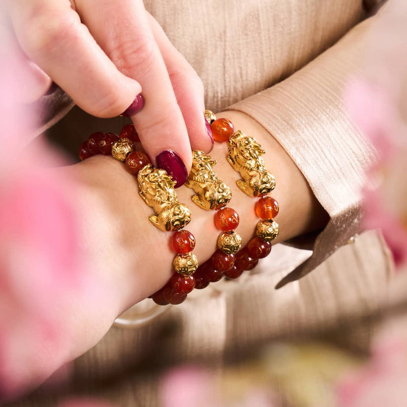 Bracelet Pixiu Feng Shui | Élément FEU | Agate rouge x or 18 carats
