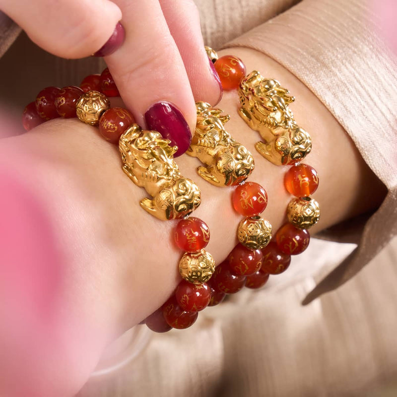 Bracelet Pixiu Feng Shui | Élément FEU | Agate rouge x or 18 carats