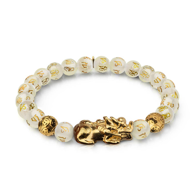 Pixiu Feng Shui Bracelet | GOLD Element | White Agate x 18k Gold