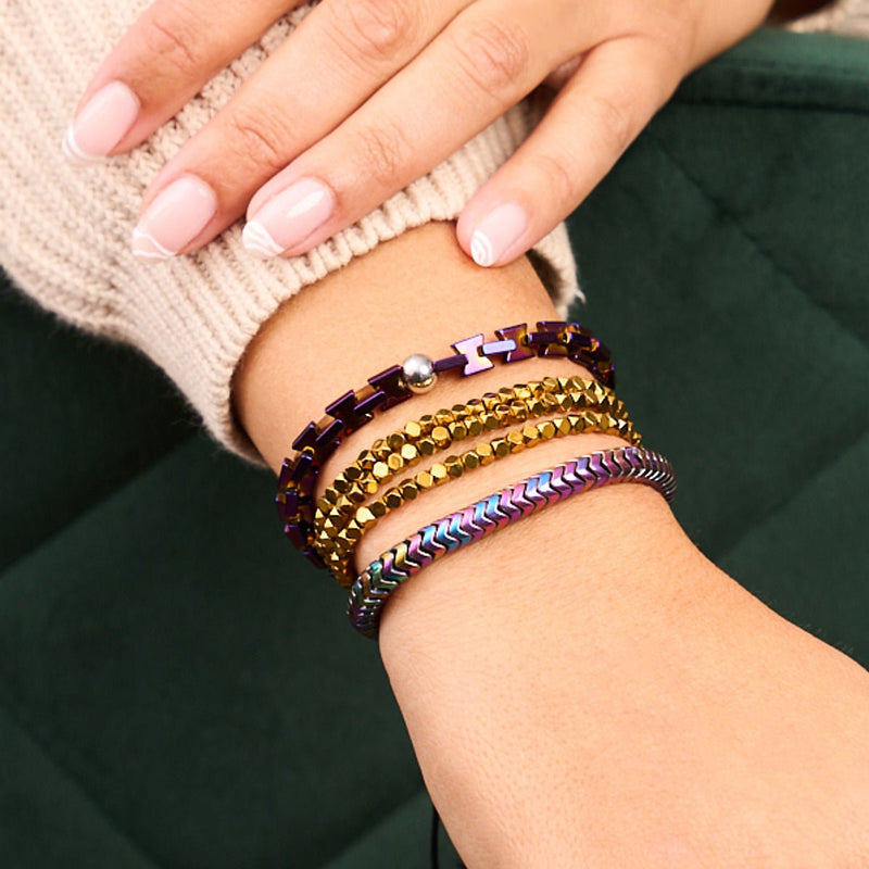 Mini Géome Sacrée | Hématite dorée x Gunmetal | Bracelet Triple Rang