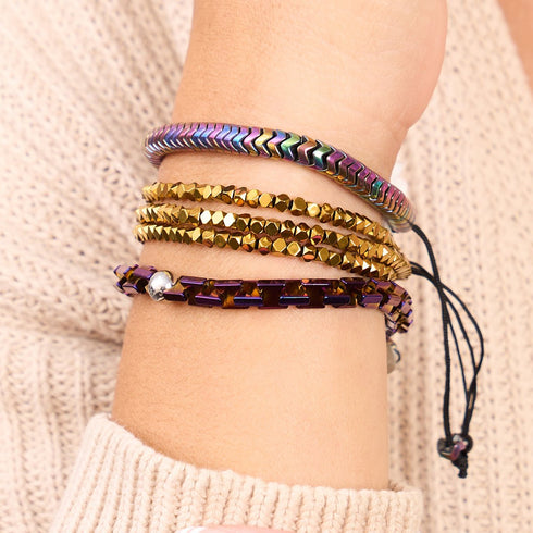 Mini Géome Sacrée | Hématite dorée x Gunmetal | Bracelet Triple Rang