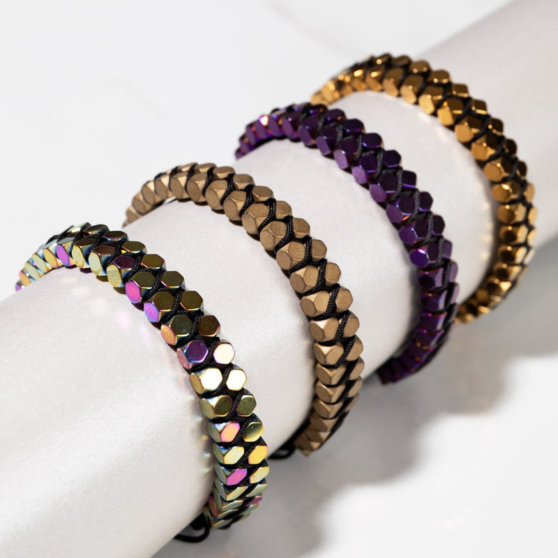 Géome sacrée | Hématite d'or | Bronze à canon | Bracelet octaèdre