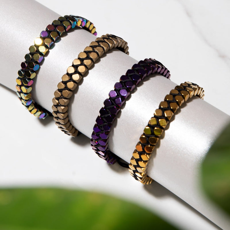 Géome sacrée | Hématite violette | Bronze à canon | Bracelet octaèdre