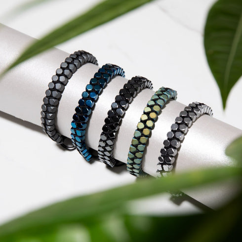 Géome sacrée | Hématite d'argent | Bronze à canon | Bracelet octaèdre