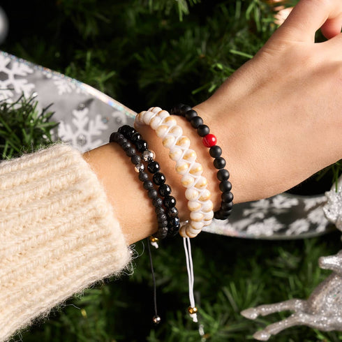 Matte Black Agate | Silver and Red Enamel | Santa Charm Bracelet