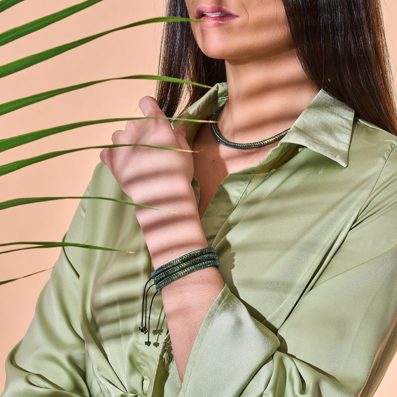 Serpentin | Émeraude Hématite x Argent | Bracelet Double Vague