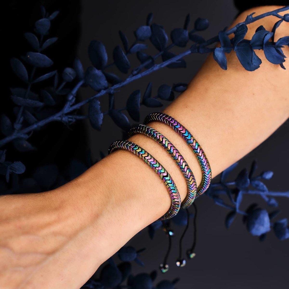 Serpentin | Arc-en-ciel Hématite x Licorne Argent | Bracelet Double Vague