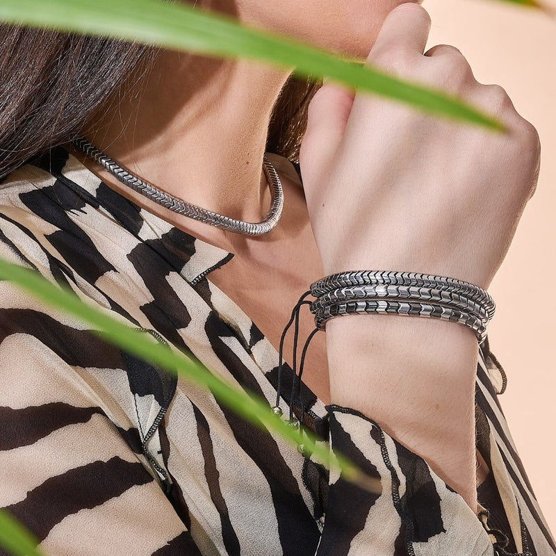 Serpentine | Chrome Hematite x Silver | Double Wave Necklace