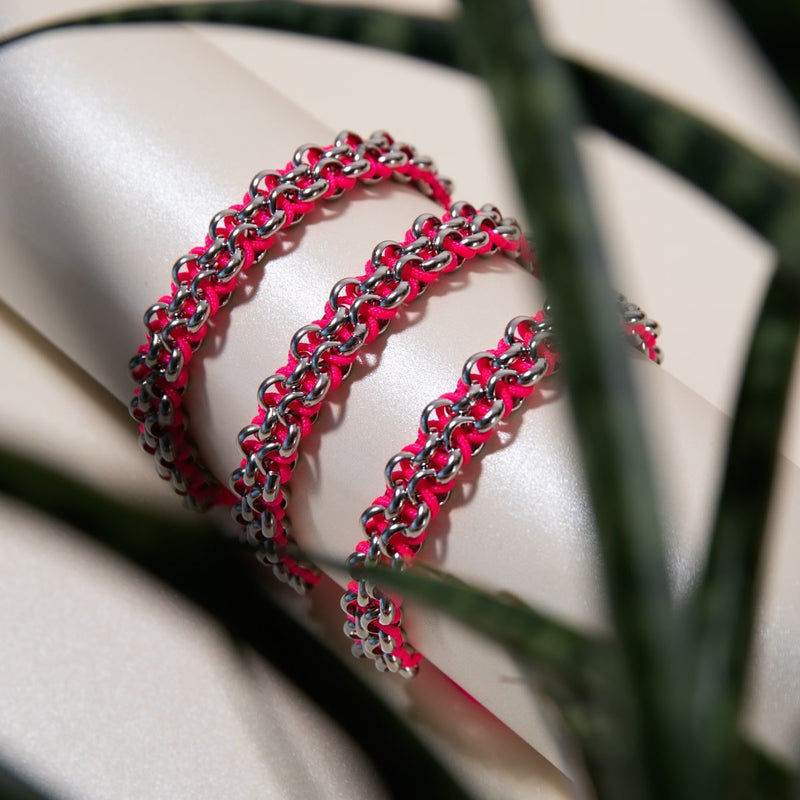 Liens Spatule rosée | Bracelet Mini Kismet | Rose fluo x argent