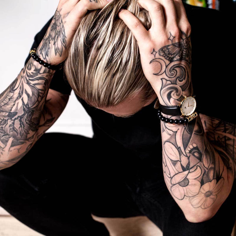 Couronne en or 18 carats | Agate noire mate | Bracelet de perles du royaume | Pour des hommes