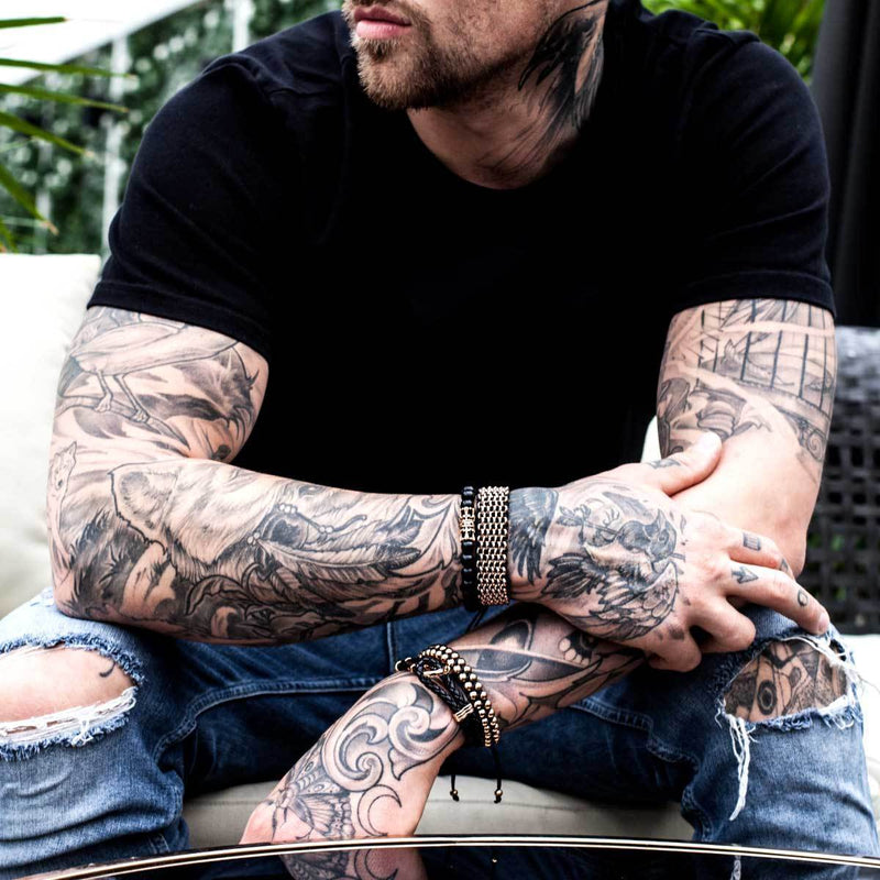 Couronne en or rose 18 carats | Agate noire mate | Bracelet de perles du royaume | Pour des hommes