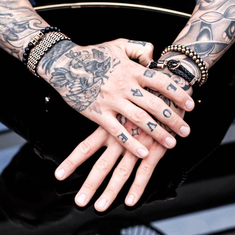 Couronne en or rose 18 carats | Agate noire mate | Bracelet de perles du royaume | Pour des hommes