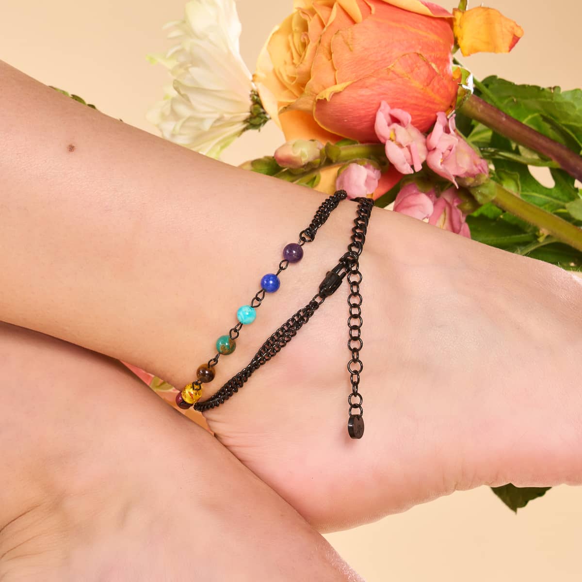 Chakra arc-en-ciel | Chaîne de cheville à 7 pierres précieuses | Bronze