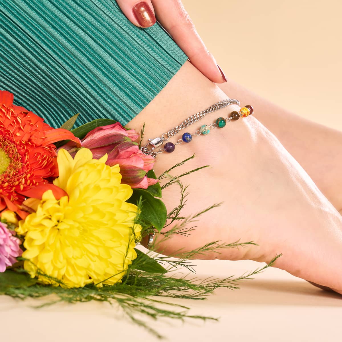 Chakra arc-en-ciel | Chaîne de cheville à 7 pierres précieuses | Argent