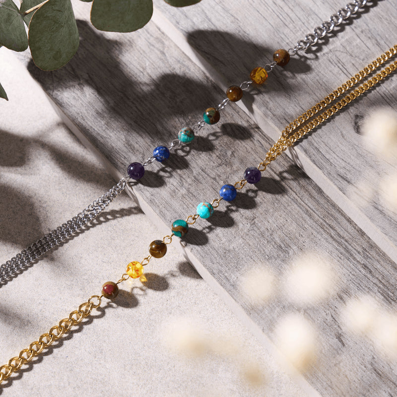Rainbow Chakra | 7 Gemstone Chain Anklet | Silver
