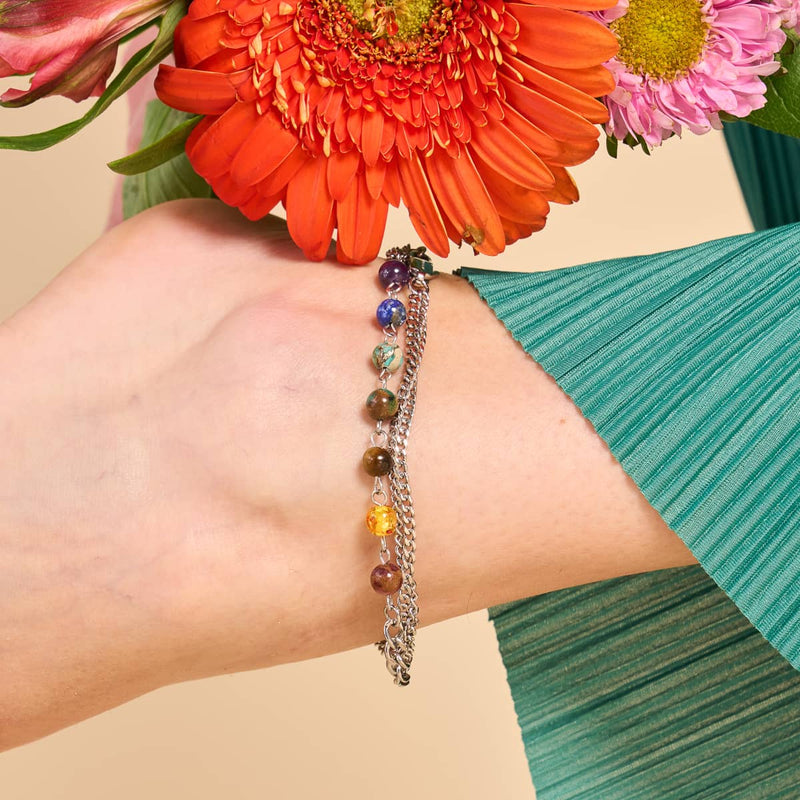 Rainbow Chakra | 7 Gemstone Chain Anklet | Silver