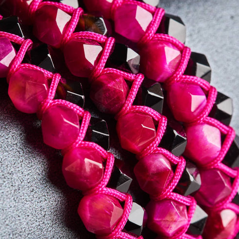 Quartz magenta et agate noire | Or rose | Bracelet double géométrie