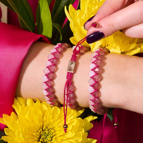 Quartz rose et quartz rose | Or rose | Bracelet double géométrique