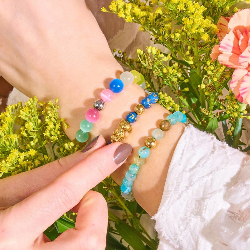 Bracelet Mini Pixiu Feng Shui | Élément EAU | Agate bleue x or 18 carats